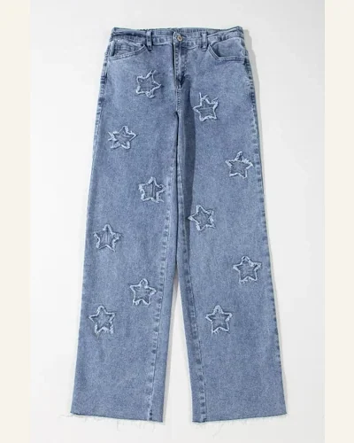 Casual Dusk Blue Foiled Star Patchwork Jeans, view 3