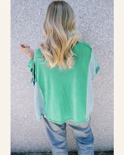 Tunic Tops Casual Green Colorblock Stitching Patchwork Buttoned, view 2