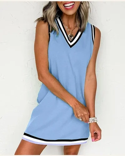 Sleeveless Mini Dresses Colorblock V Neck Sundress Casual, view 3