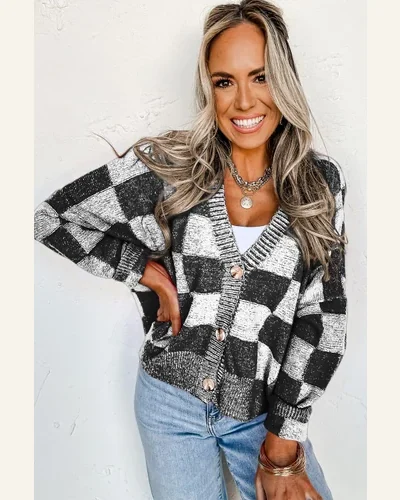 Cardigan Sweater Casual Checkered Drop Shoulder Buttoned, view 3