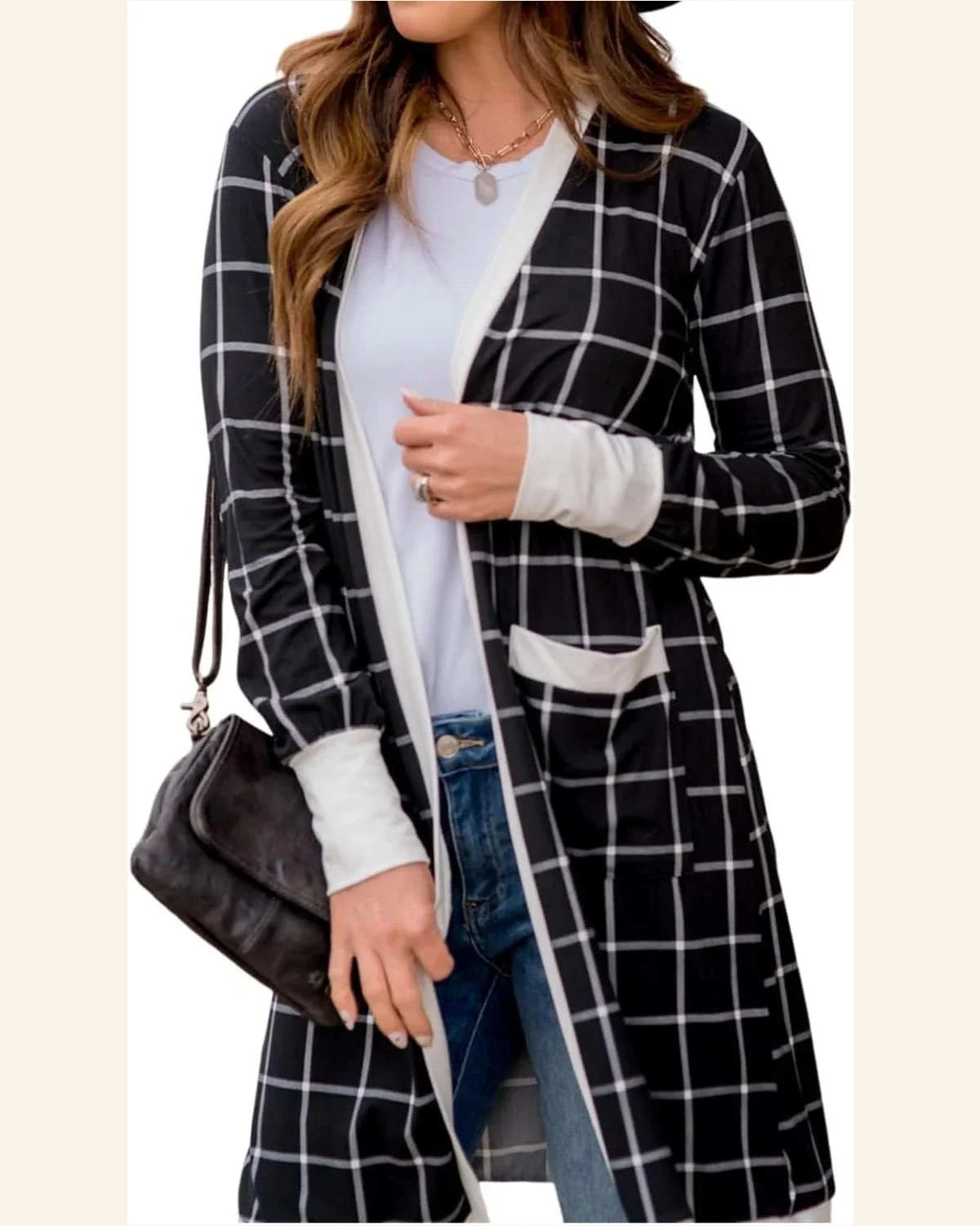 Cardigan Sweater Casual Black Plaid Colorblock Edge Open by SELINK