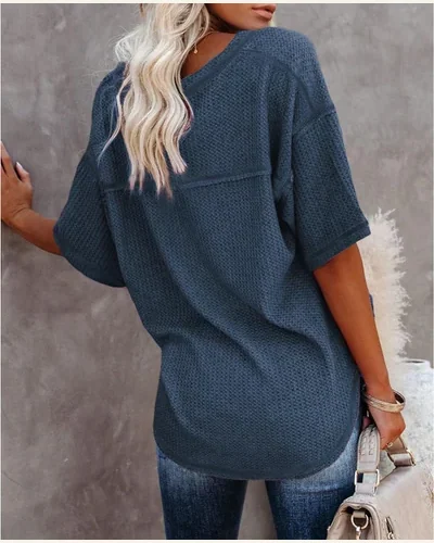 Waffle Knit Tops Casual V Neck Textured Shirts, view 2