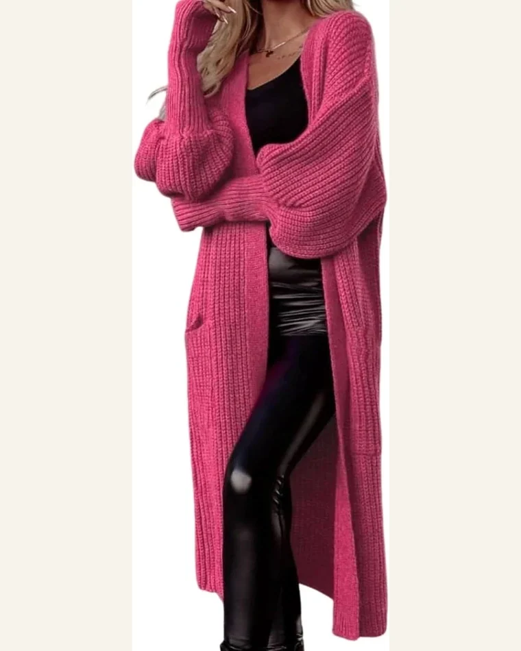 Cardigan Sweater Basic Rose Side Pockets Bubble Sleeve by SELINK
