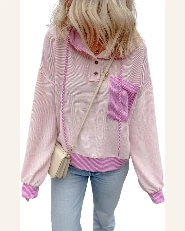 Tunic Tops Casual Light Pink Corded Colorblock Patch by SELINK
