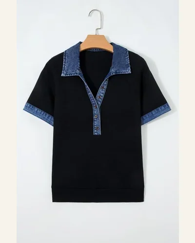 Waffle Knit Polo Shirt Contrast Denim Patchwork Top, view 3