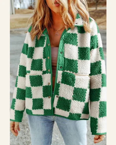 Shacket Jacket Casual Lapis Checked Snap Button Sherpa, view 3