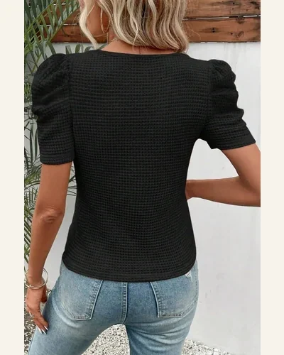 Short Sleeve T Shirt Elegant Black Waffle Knit, view 2