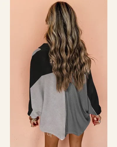 Casual Gray Oversized Sweatshirt Patchwork Color Block Long, view 4