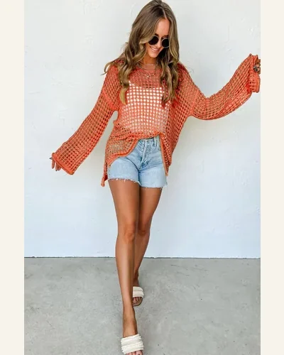 Pullover Sweater Tops Casual Orange Open Knit Crochet, view 3