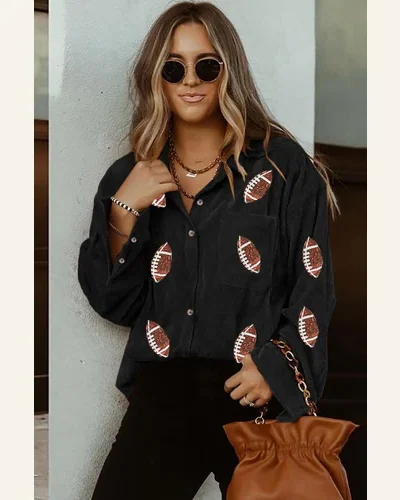 Shacket Jacket Casual Black Sequin Rugby Pattern Buttoned, view 3