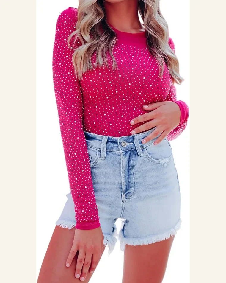 Bodysuit Casual Rose Rhinestone O-neck Long Sleeve Bodysuit by SELINK