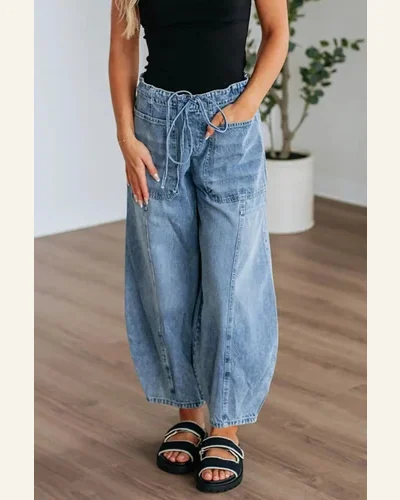 Casual High Waisted Jeans Pocket Drawstring Paperbag Waist, view 2