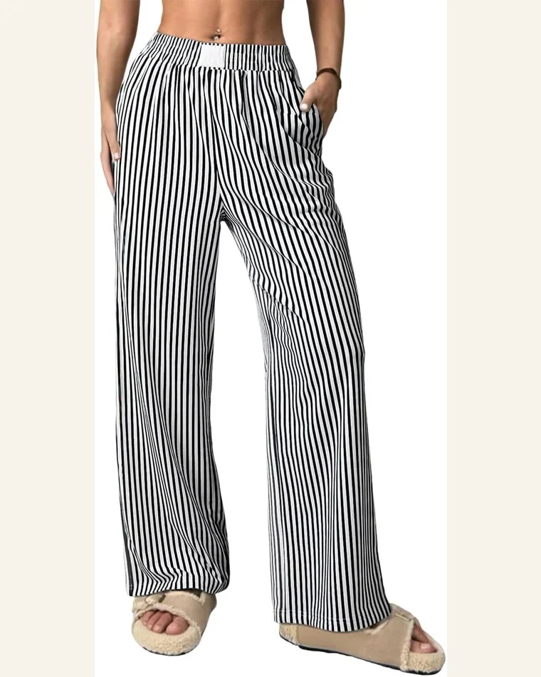Casual Black Stripe Elastic High Waist Pants Pocketed by SELINK