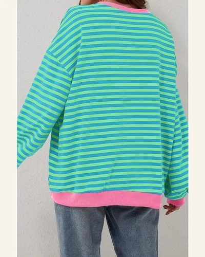 Oversized Sweatshirts Striped Color Block Long Sleeve Crewneck, view 2