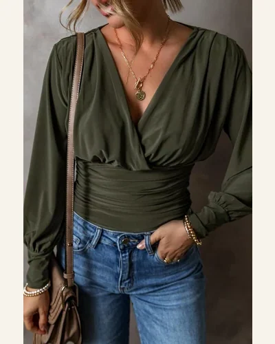 Bodysuit Elegant Moss Green Ruched Wrap V Neck, view 3