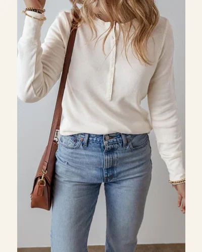 Tunic Tops Casual White Solid Color Waffle Half, view 4