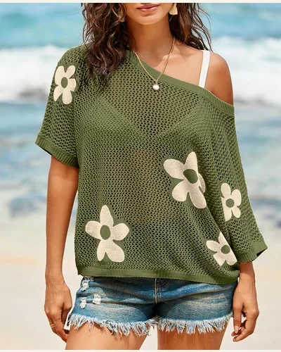 Flower Crochet Tops Short Sleeve Hollow Out Sweaters, view 2