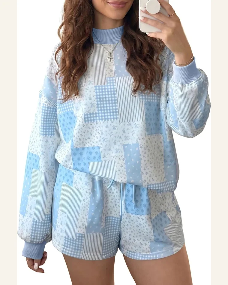Patchwork Baggy Pullover Drawstring Shorts Matching Set by SELINK