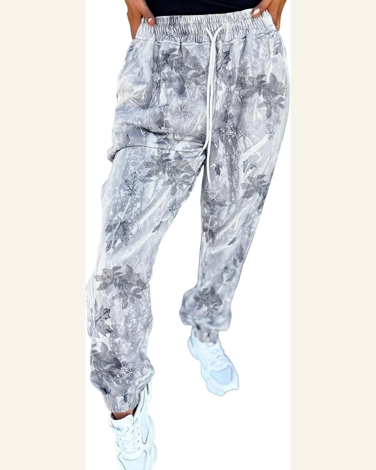 Casual Gray Camo Print Pants Drawstring Elastic Waist by SELINK