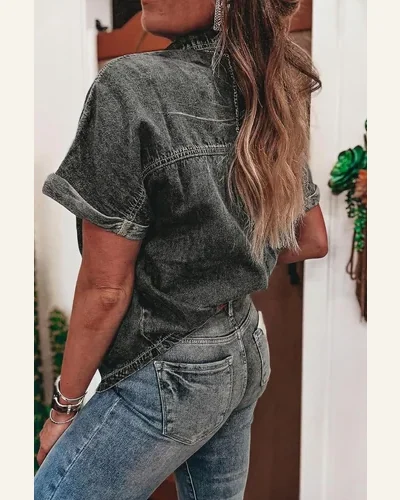 Casual Medium Grey Button Flap Pocket Cuffed Denim Jeans, view 3