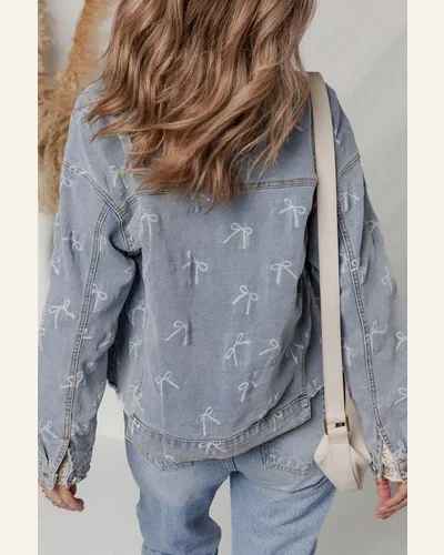 Casual Bow Knot Denim Jean Jacket Sky Blue, view 2