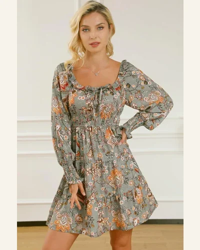 Fall Dresses Elegant Multicolour Floral Long Sleeve Frilled, view 3