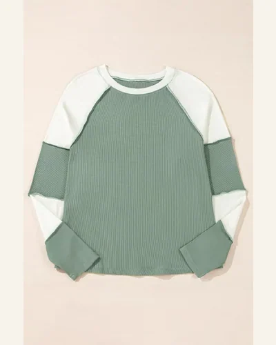 Tunic Tops Casual Mint Green Ribbed Colorblock Patchwork, view 4