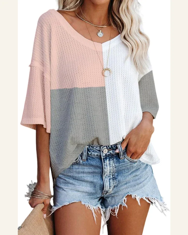 Short Sleeve T Shirt Casual Multicolor Waffle Colorblock by SELINK