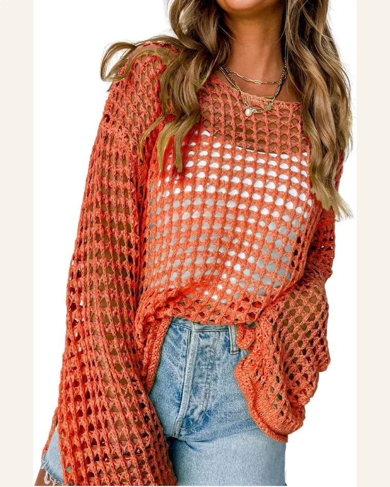 Pullover Sweater Tops Casual Orange Open Knit Crochet by SELINK