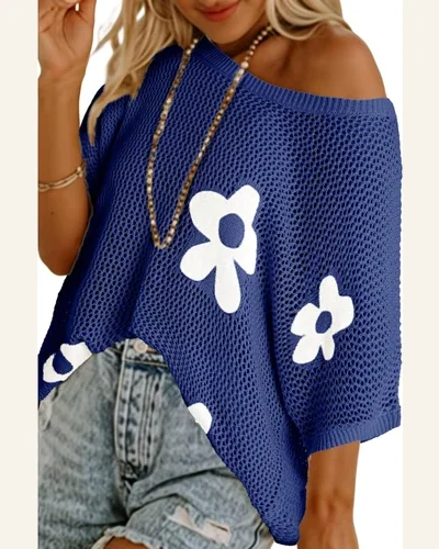 Flower Crochet Tops Short Sleeve Hollow Out Sweaters, view 4