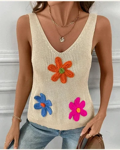 Summer Crochet Floral Tank Tops Back Twist Knit, view 4