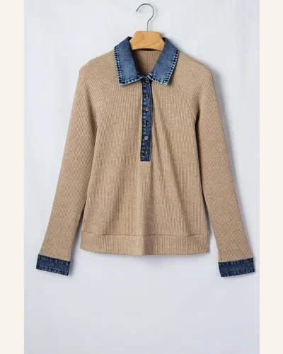Denim Patchwork Ribbed Knit Button Long Sleeve Top, view 3