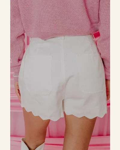 Casual White Scalloped Hemline Acid Wash Denim Shorts, view 2