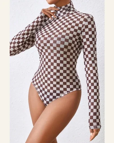 Bodysuit Brown Checkered Printed Long Sleeve High Neck, view 3