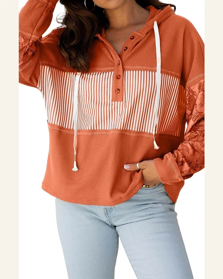 Casual Cinnamon Waffle Printed Drawstring Hooded Tunic Top by SELINK