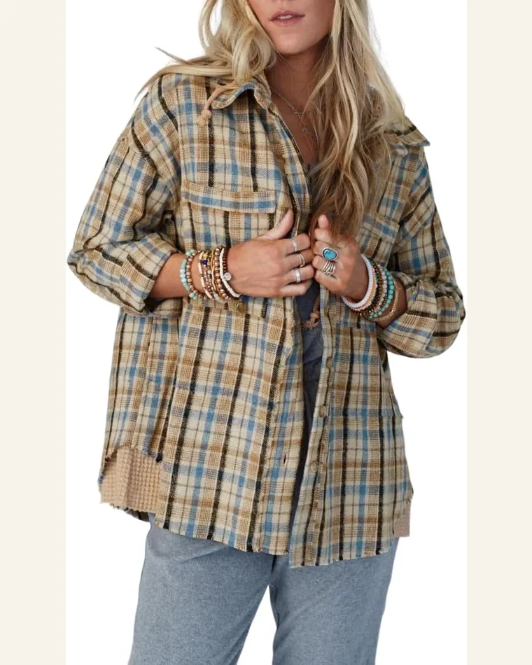 Shacket Jacket Casual Ashleigh Blue Waffle Knit Patchwork by SELINK