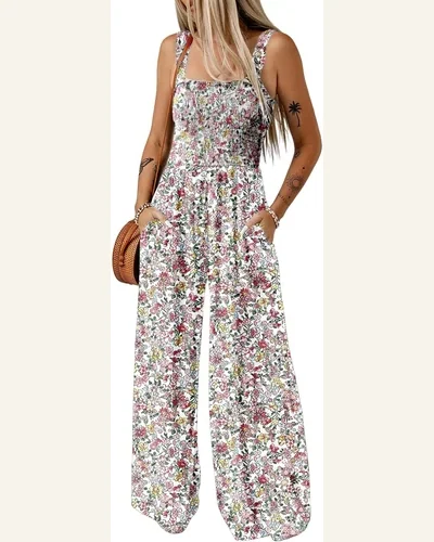 Casual Smocked High Waist Square Neck Jumpsuit Sleeveless, view 4