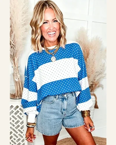 Casual Polka Dot Colorblock Patchwork Long Sleeve Tops, view 2