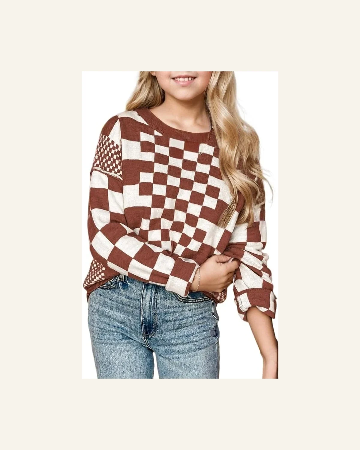 Girls Long Sleeve Sweaters Checkered Print Drop Shoulder by SELINK