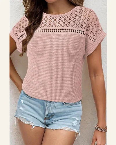 Summer Tops Short Sleeve Crewneck Waffle Knit Shirts, view 3