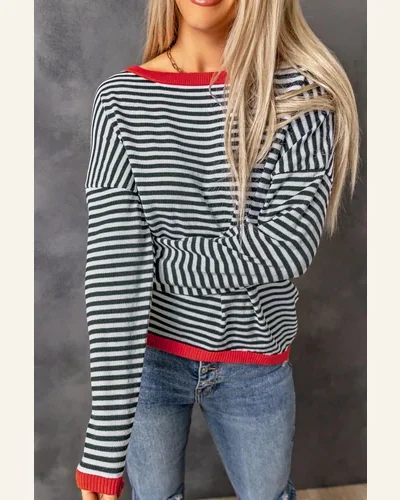 Pullover Sweater Tops Casual Contrast Trimmed Striped Drop, view 4
