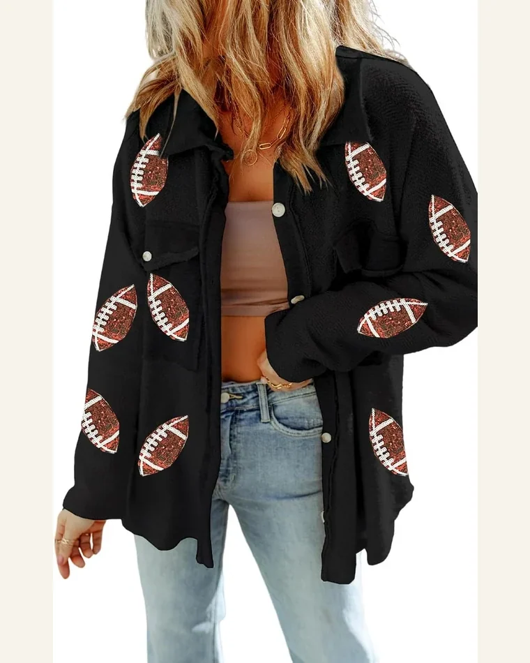 Shacket Jacket Casual Black Sequined Rugby Flap Pockets by SELINK