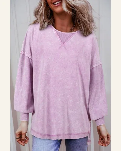 Casual Orchid Petal Mineral Wash Drop Shoulder Pullover, view 4