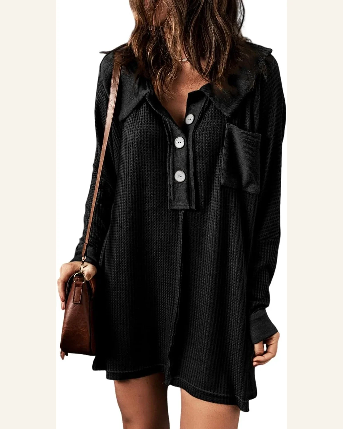 Tunic Tops Casual Black Waffle Knit Buttoned Long by SELINK