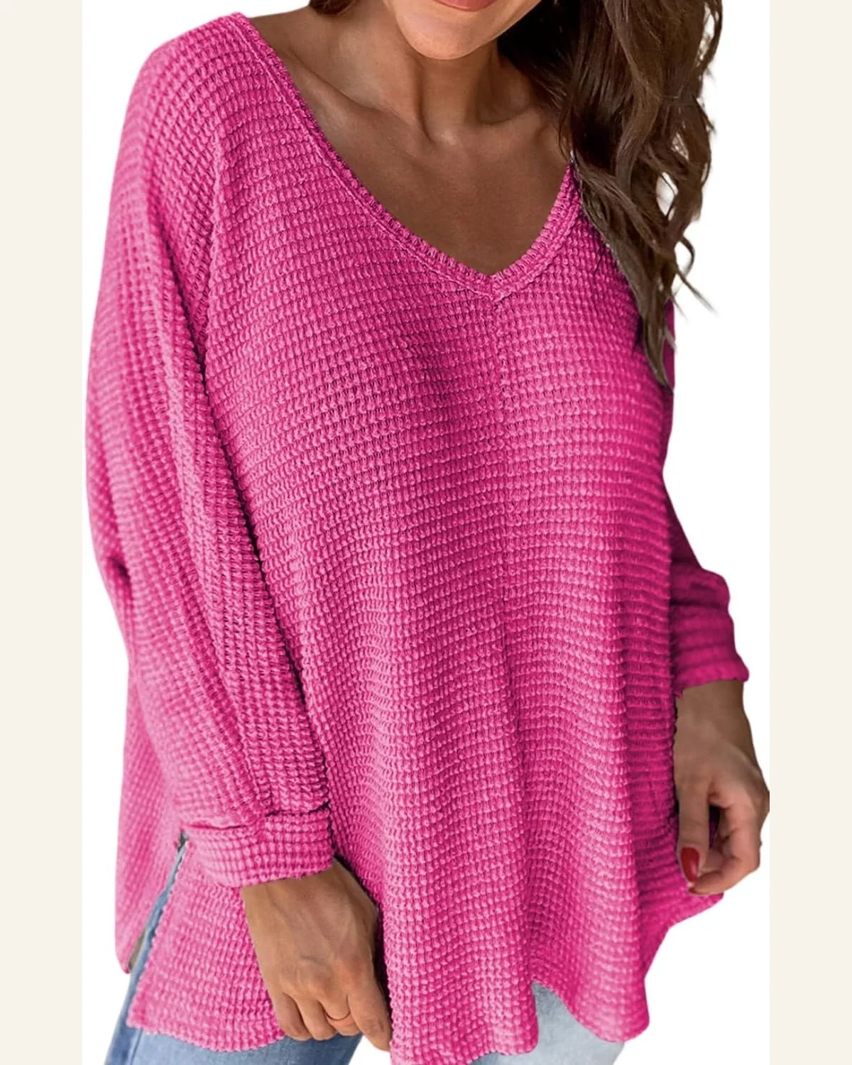 Tunic Tops Casual Rose Red Waffle Knit Side by SELINK