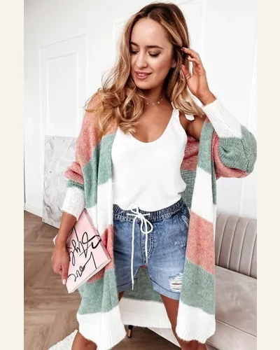Cardigan Sweater Casual Green Colorblock Stripe Open-Front Cardigan, view 3
