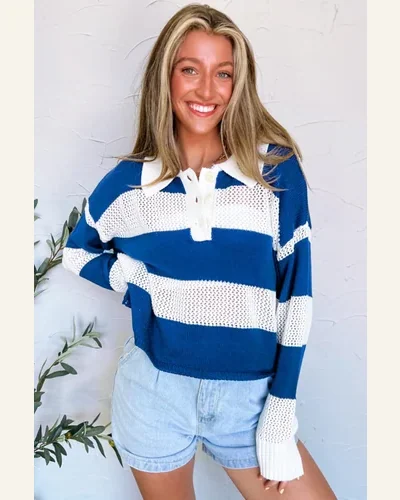 Casual Colorblock Pullover Sweater Tops Blue Stripe Polo, view 4
