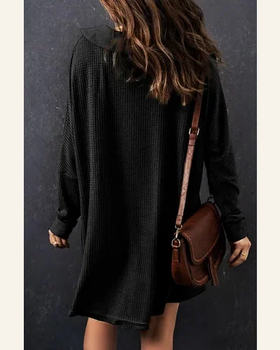 Tunic Tops Casual Black Waffle Knit Buttoned Long, view 2