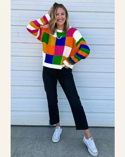 Casual Orange Checkered Color Block Round Neck Pullover, view 4
