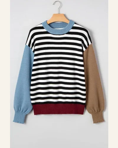 Casual Striped Panels Colorblock Sweater Long Sleeve Round, view 3